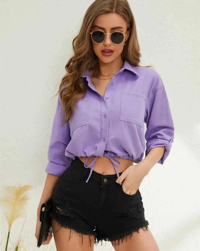 Collared Neck Long Sleeve Shirt - Trendsi