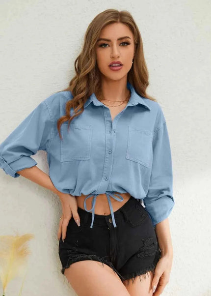 Collared Neck Long Sleeve Shirt - Trendsi