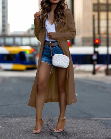Collared Neck Long Sleeve Trench Coat - Trendsi