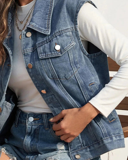 Collared Neck Sleeveless Denim Jacket - Trendsi