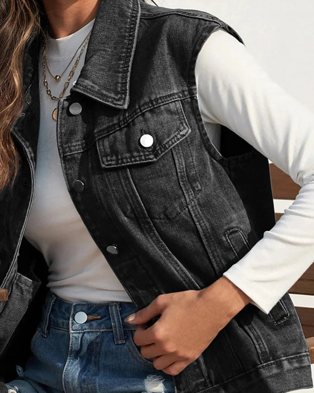 Collared Neck Sleeveless Denim Jacket - Trendsi
