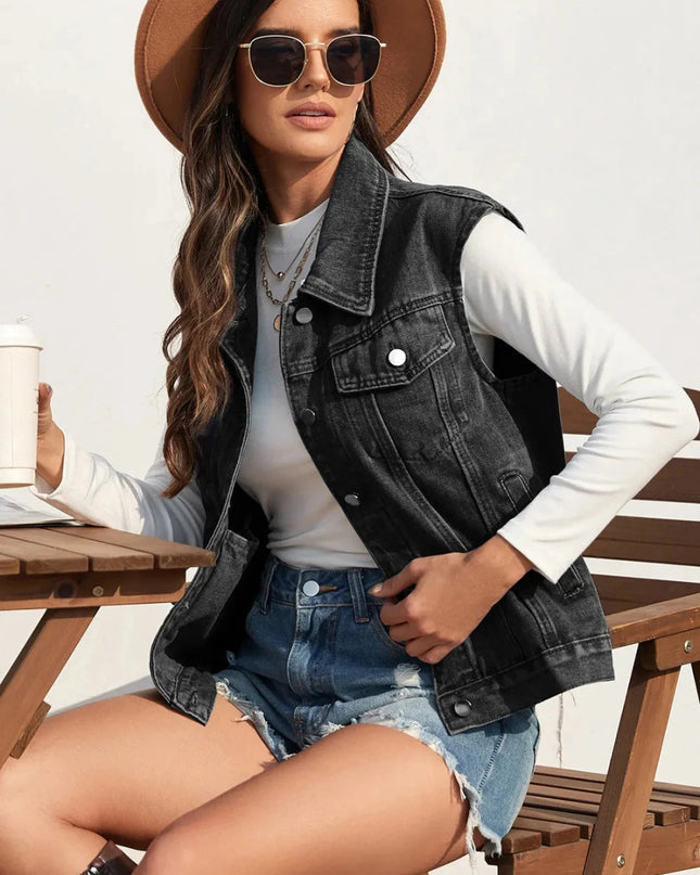 Collared Neck Sleeveless Denim Jacket - Trendsi