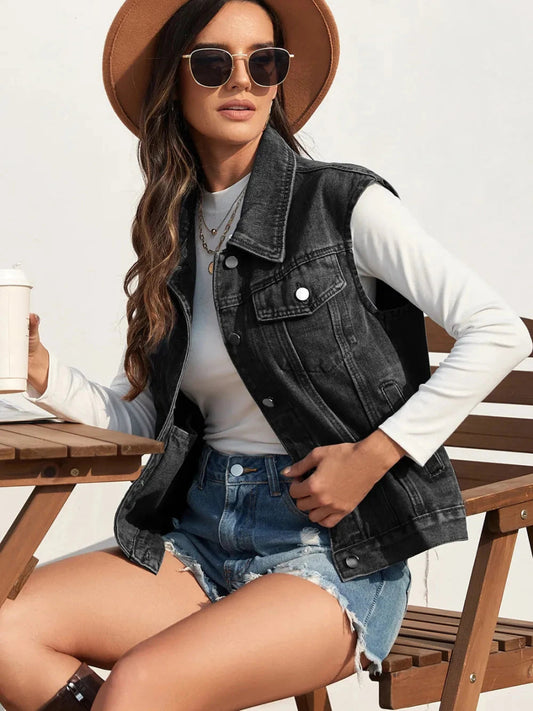 Collared Neck Sleeveless Denim Jacket - Trendsi