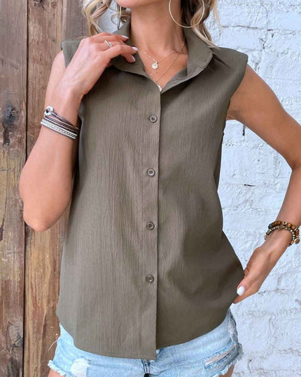 Collared Neck Sleeveless Shirt - Trendsi