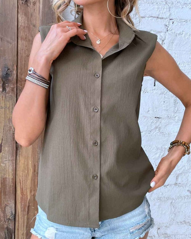 Collared Neck Sleeveless Shirt - Trendsi