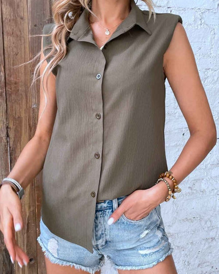 Collared Neck Sleeveless Shirt - Trendsi