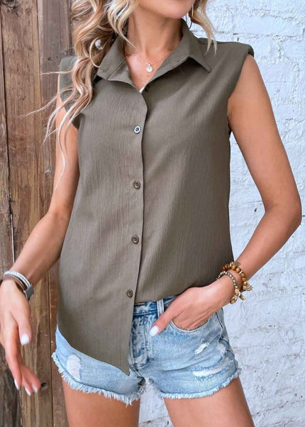 Collared Neck Sleeveless Shirt - Trendsi