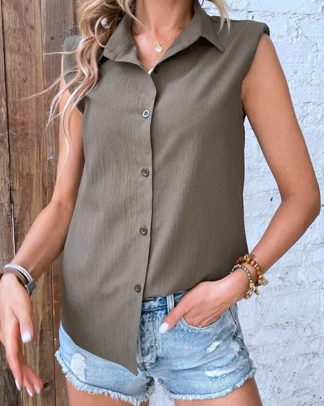 Collared Neck Sleeveless Shirt - Trendsi