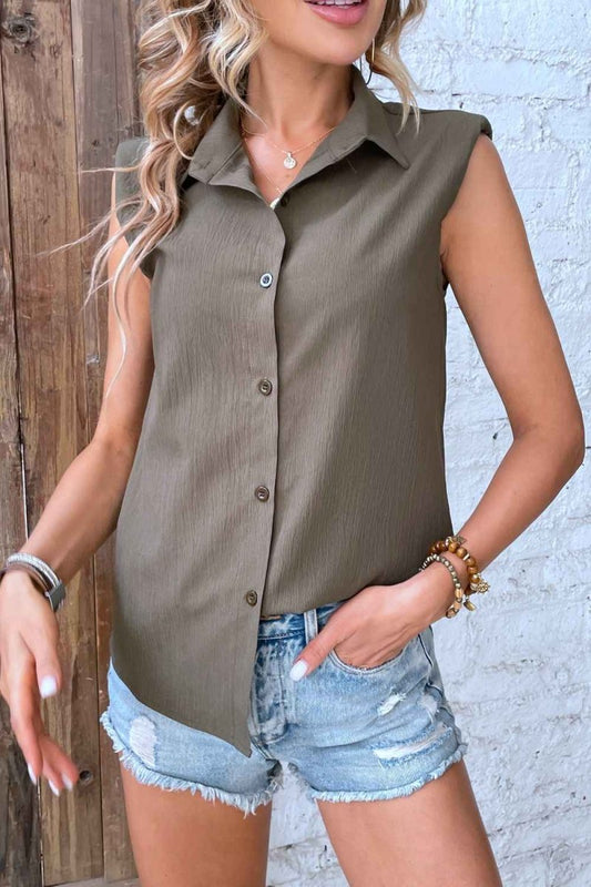 Collared Neck Sleeveless Shirt - Trendsi