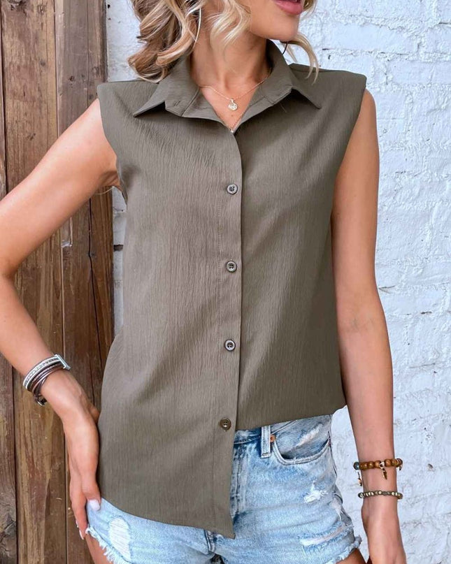 Collared Neck Sleeveless Shirt - Trendsi