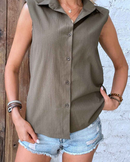 Collared Neck Sleeveless Shirt - Trendsi