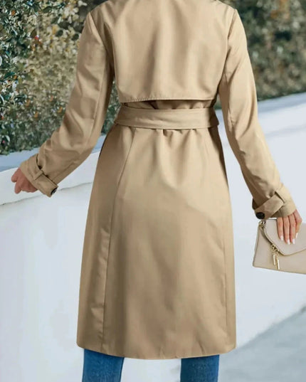 Collared Neck Tie Waist Buttoned Long Sleeve Trench Coat - Trendsi