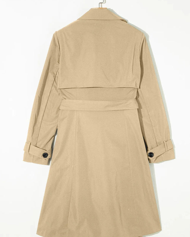 Collared Neck Tie Waist Buttoned Long Sleeve Trench Coat - Trendsi