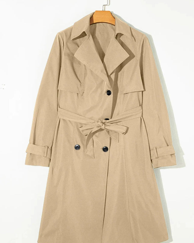 Collared Neck Tie Waist Buttoned Long Sleeve Trench Coat - Trendsi