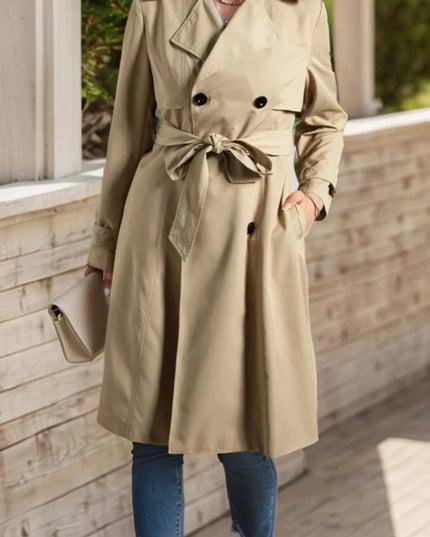 Collared Neck Tie Waist Buttoned Long Sleeve Trench Coat - Trendsi