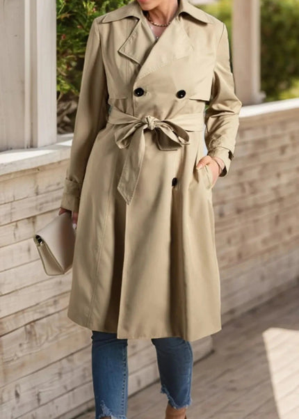 Collared Neck Tie Waist Buttoned Long Sleeve Trench Coat - Trendsi