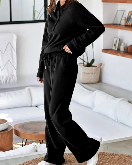Collared Sweatshirt and High Waist Pants Active Set - Trendsi