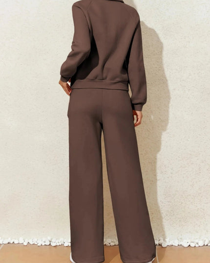Collared Sweatshirt and High Waist Pants Active Set - Trendsi