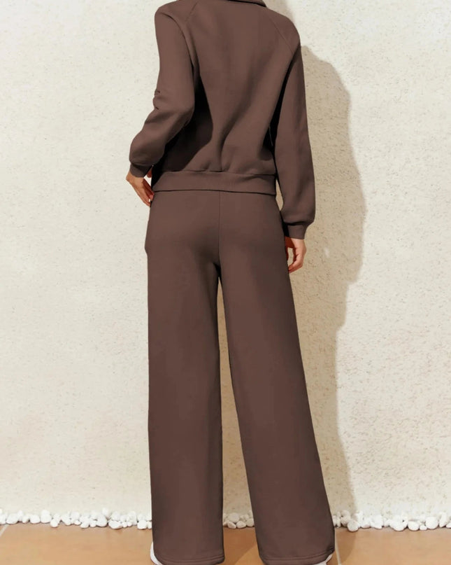 Collared Sweatshirt and High Waist Pants Active Set - Trendsi