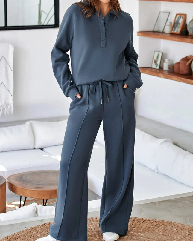 Collared Sweatshirt and High Waist Pants Active Set - Trendsi