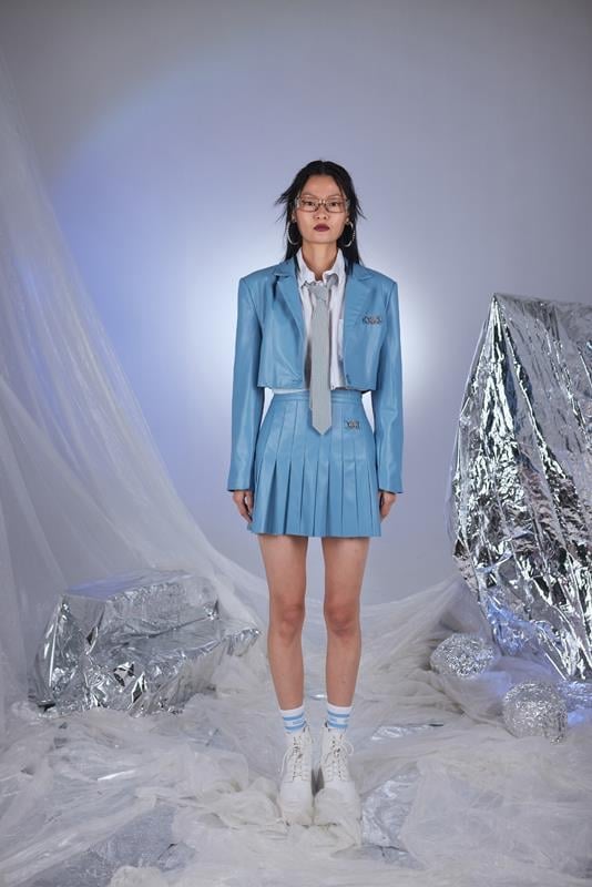 College Style Blue Vegan Faux Leather Cropped Jacket - Jackets & Blazers - Buy Me Fur Ltd