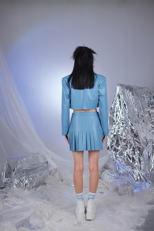 College Style Blue Vegan Faux Leather Cropped Jacket - Jackets & Blazers - Buy Me Fur Ltd