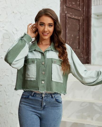 Color Block Crop Jacket with Pockets - Trendsi