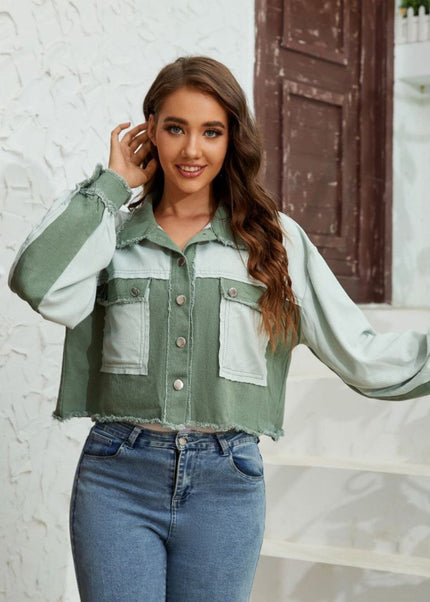 Color Block Crop Jacket with Pockets - Trendsi