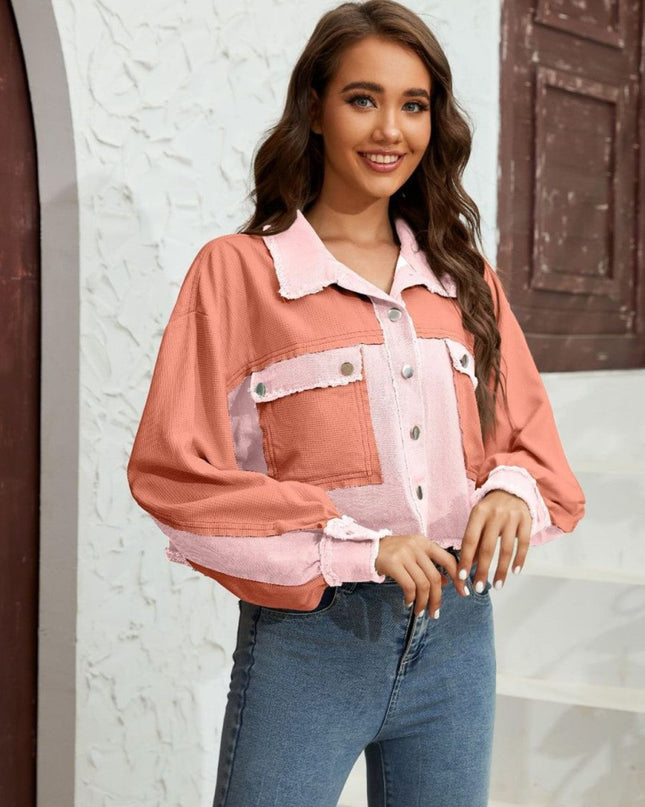 Color Block Crop Jacket with Pockets - Trendsi