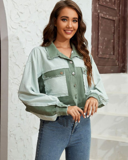 Color Block Crop Jacket with Pockets - Trendsi