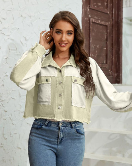 Color Block Crop Jacket with Pockets - Trendsi