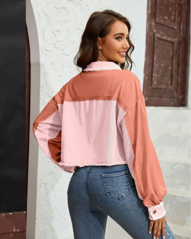 Color Block Crop Jacket with Pockets - Trendsi