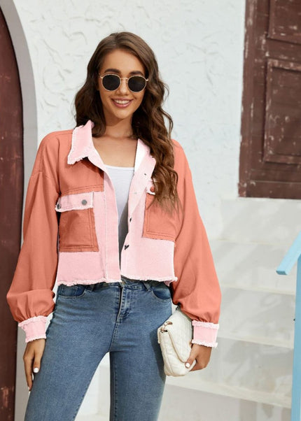 Color Block Crop Jacket with Pockets - Trendsi