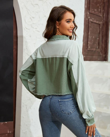 Color Block Crop Jacket with Pockets - Trendsi