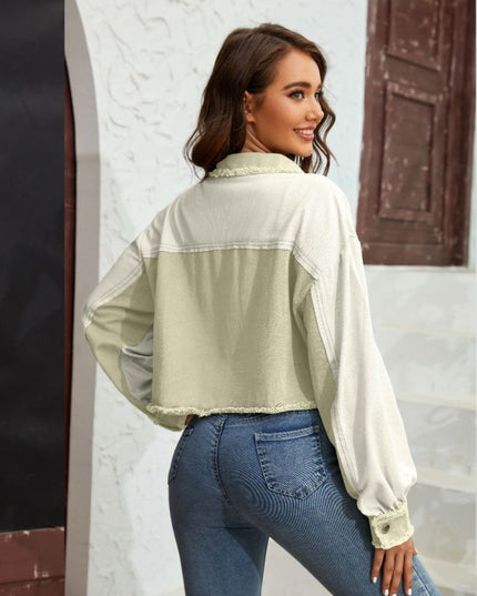 Color Block Crop Jacket with Pockets - Trendsi