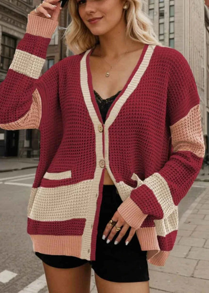 Contrast Button Up Long Sleeve Cardigan - Trendsi