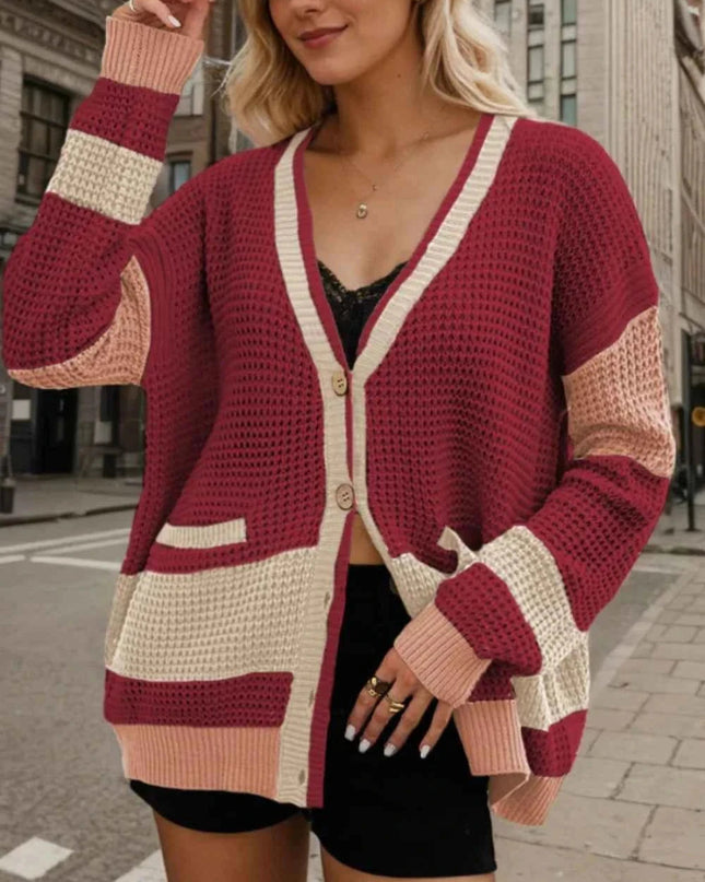 Contrast Button Up Long Sleeve Cardigan - Trendsi