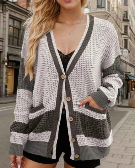 Contrast Button Up Long Sleeve Cardigan - Trendsi
