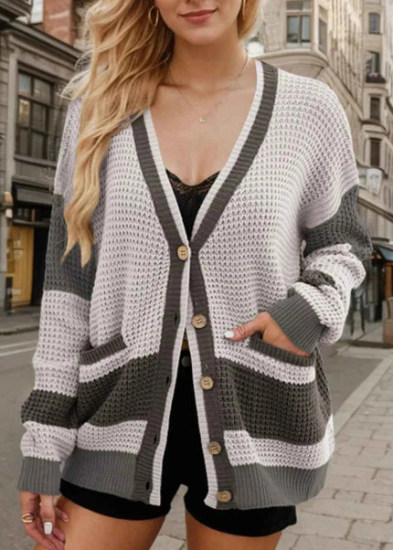 Contrast Button Up Long Sleeve Cardigan - Trendsi