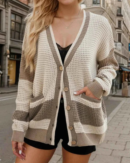 Contrast Button Up Long Sleeve Cardigan - Trendsi