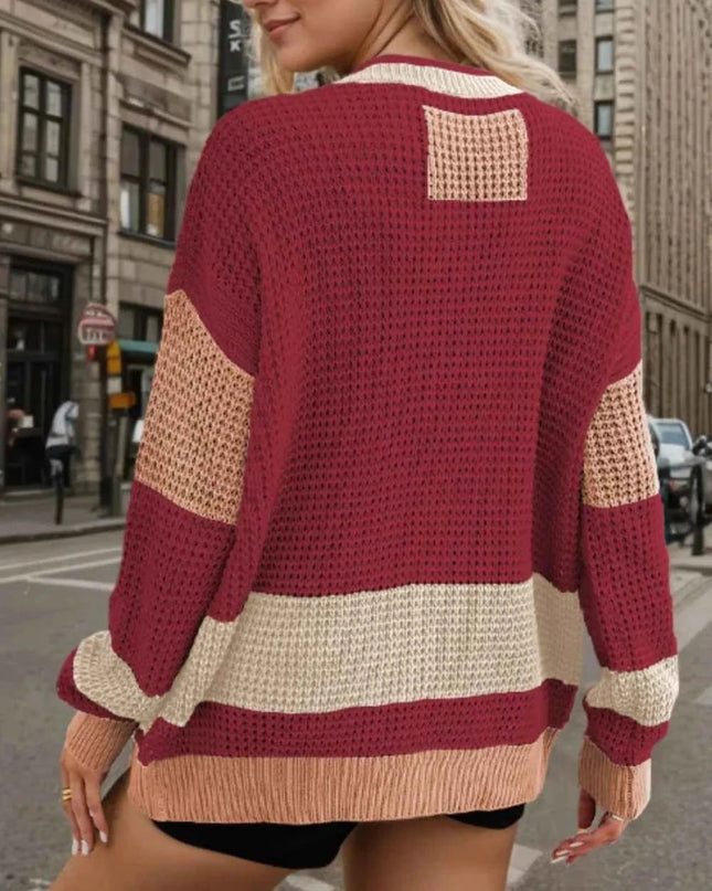 Contrast Button Up Long Sleeve Cardigan - Trendsi