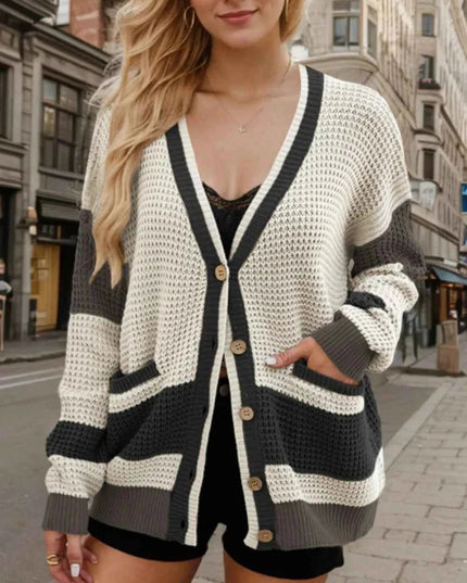 Contrast Button Up Long Sleeve Cardigan - Trendsi