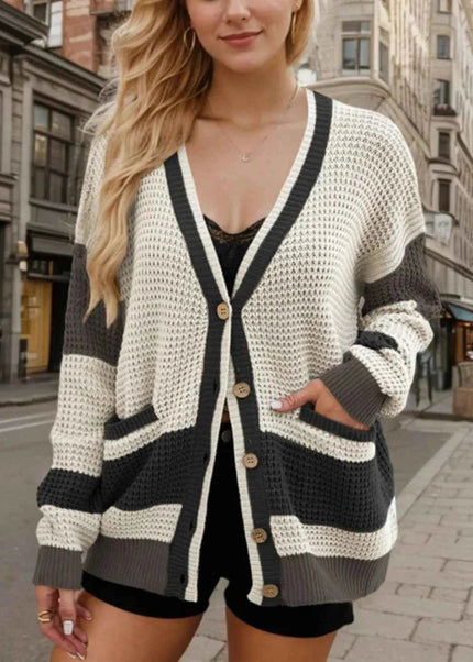 Contrast Button Up Long Sleeve Cardigan - Trendsi