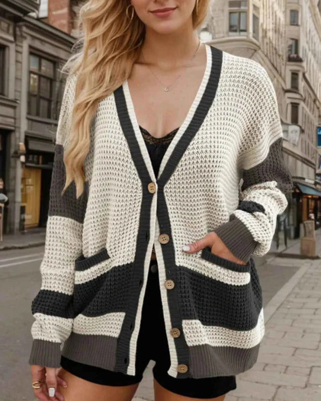 Contrast Button Up Long Sleeve Cardigan - Trendsi