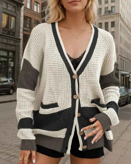 Contrast Button Up Long Sleeve Cardigan - Trendsi