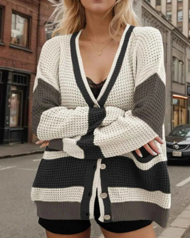 Contrast Button Up Long Sleeve Cardigan - Trendsi