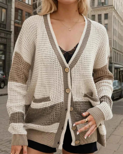 Contrast Button Up Long Sleeve Cardigan - Trendsi