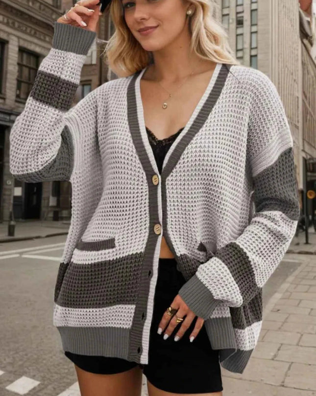Contrast Button Up Long Sleeve Cardigan - Trendsi