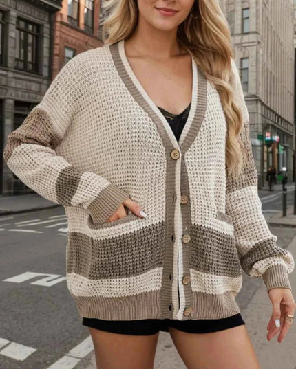 Contrast Button Up Long Sleeve Cardigan - Trendsi
