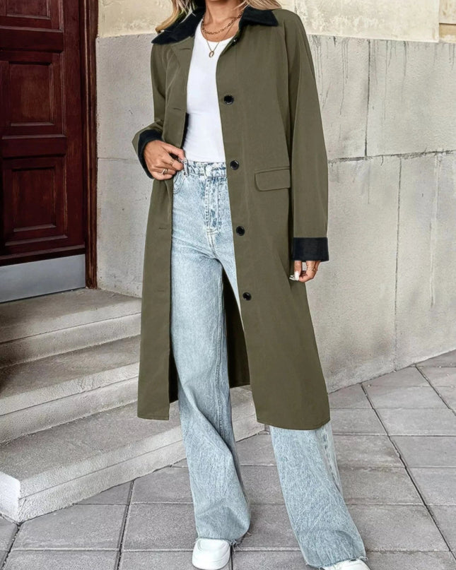 Contrast Collar Button Up Coat - Trendsi